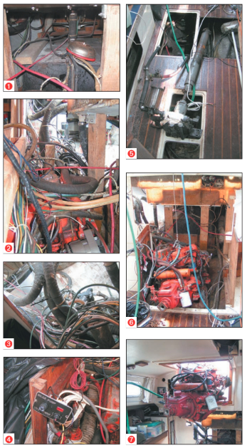 The master warning gong was hooked up (but to what?). A battery cable by the gong crossed over the tank and had ground its insulation jacket down to the copper by rubbing on the tank (1). A maze of wiring, hoses, and tubing (2 and 3). What was left of the bilge pump control (4). The Walter V-Drive and shaft (5). Hauling the engine out of its bed (6). Slung off the main boom, the engine goes up nicely (7).