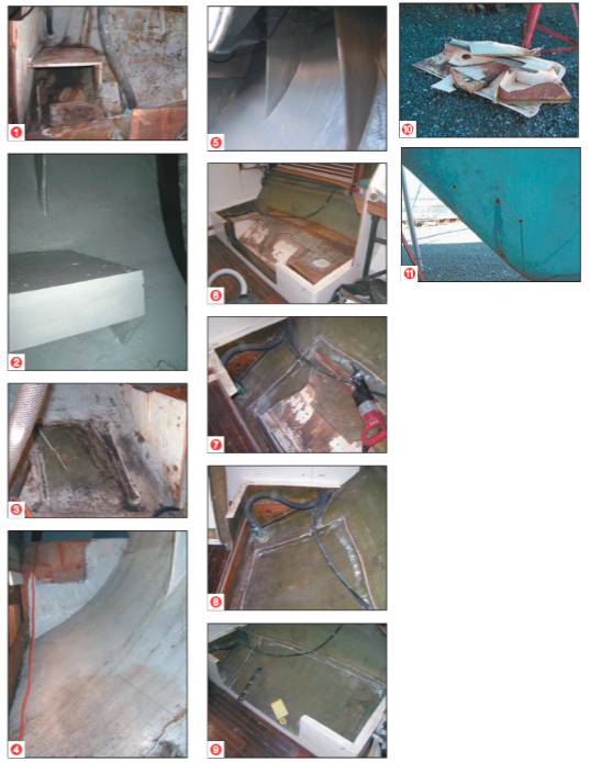The hot water heater platform was rebuilt and painted (1 and 2). In the port side sail locker, the built-in support for a battery long since gone (3) had to go. The locker area (4) got a thorough cleaning and Dale added a layer of low-sheen epoxy primer. The mizzen chainplates are evident in the aft locker (5). The water tanks were next. To get a sense of the magnitude of this project, take a look at the remains of the starboard tank, as Dale first found it, along with the pilot berth above and cut out storage cabinets (6). Although he sacrificed a large number of Sawzall blades to the water tank project, Dale made progress on the starboard tank (7, 8, and 9) and created a pile of former tank parts on the ground below (10). Three holes in the rudder skeg were necessary (11 ) before Dale found the bottom of that cavity and was able to drain several gallons.