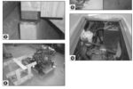On facing page: Engine riser with foam and steel plate (1). Jig on risers (2 and 3). Jig and engine (4). Aperture (5). Engine viewed through inspection hatch (6). This page: Water strainer (7). Shaft (8). Fuel tank (9).