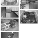 On facing page: Engine riser with foam and steel plate (1). Jig on risers (2 and 3). Jig and engine (4). Aperture (5). Engine viewed through inspection hatch (6). This page: Water strainer (7). Shaft (8). Fuel tank (9).