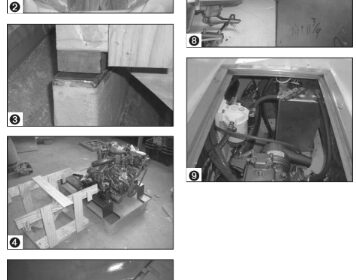 On facing page: Engine riser with foam and steel plate (1). Jig on risers (2 and 3). Jig and engine (4). Aperture (5). Engine viewed through inspection hatch (6). This page: Water strainer (7). Shaft (8). Fuel tank (9).