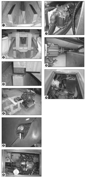On facing page: Engine riser with foam and steel plate (1). Jig on risers (2 and 3). Jig and engine (4). Aperture (5). Engine viewed through inspection hatch (6). This page: Water strainer (7). Shaft (8). Fuel tank (9).