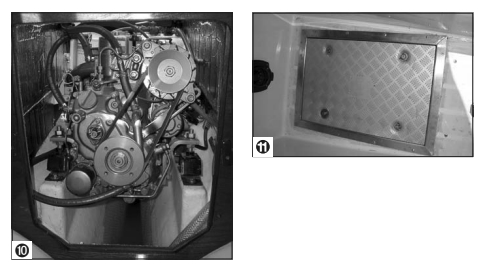 Engine on risers (10). Metal inspection hatch — normally covered by teak grating (11).