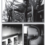 Miranda began her life in Irle and Dori’s backyard in Belmont, California, overlooking San Francisco Bay. A John Atkin schooner design based on the Little Maid of Kent, she was framed, above, in 2 x 2 oak. Irle added touches to her interior, such as laminated beams, below left, and a wood-burning stove, below right. The steering wheel was a gift from a friend and changed their plans from tiller to wheel steering. It sits in the bottom left photo awaiting installation.