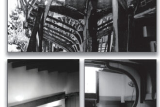 Miranda began her life in Irle and Dori’s backyard in Belmont, California, overlooking San Francisco Bay. A John Atkin schooner design based on the Little Maid of Kent, she was framed, above, in 2 x 2 oak. Irle added touches to her interior, such as laminated beams, below left, and a wood-burning stove, below right. The steering wheel was a gift from a friend and changed their plans from tiller to wheel steering. It sits in the bottom left photo awaiting installation.