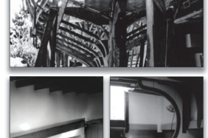 Miranda began her life in Irle and Dori’s backyard in Belmont, California, overlooking San Francisco Bay. A John Atkin schooner design based on the Little Maid of Kent, she was framed, above, in 2 x 2 oak. Irle added touches to her interior, such as laminated beams, below left, and a wood-burning stove, below right. The steering wheel was a gift from a friend and changed their plans from tiller to wheel steering. It sits in the bottom left photo awaiting installation.