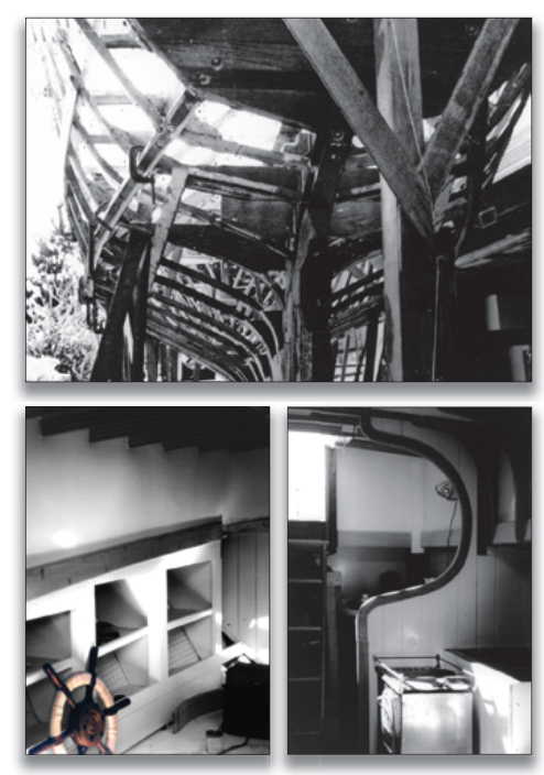 Miranda began her life in Irle and Dori’s backyard in Belmont, California, overlooking San Francisco Bay. A John Atkin schooner design based on the Little Maid of Kent, she was framed, above, in 2 x 2 oak. Irle added touches to her interior, such as laminated beams, below left, and a wood-burning stove, below right. The steering wheel was a gift from a friend and changed their plans from tiller to wheel steering. It sits in the bottom left photo awaiting installation.