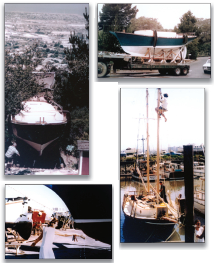 Getting a 30-foot schooner out of the backyard and down the hill is no easy task, at left. Miranda graces the Lo-Boy trailer as the descent to San Francisco begins, at right. Dori christened her Miranda, below left, and the remainder of the outfitting work began, below right.