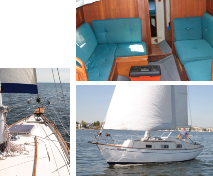 On our test boat, the original wire halyards and winches were replaced by all-rope halyards. Modern low-stretch line shows no penalty in luff tension, and the winches are safer to operate. Note the anchor locker and the retrofitted bow platform. Facing page: the port-side settee, top, can be configured as a double berth. The interior joinery is all mahogany. Perhaps the most distinctive feature of the moderately proportioned Monsun 31 is its windshield, bottom.