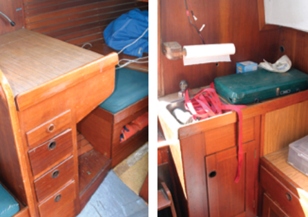 Forward of the quarter berth is space for a small chart table and drawers, at left, somewhat unusual for a 31-footer. The galley, at right, is minimal. Well, you can’t have everything.