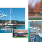 On facing page, Tim Lackey’s well-known project boat, Glissando, a Pearson Triton, shows off on the water after her refit. The inset shows a second Triton in its “before stage.” Tim later converted this boat into a daysailer. He continues to buy and renovate boats, but Glissando is part of the family. In the midst of his projects, Tim took the time to build the boat barn, at right, in which to work. Glissando waits outside while two others get needed attention inside: the daysailer conversion and a classic Lyman 23.