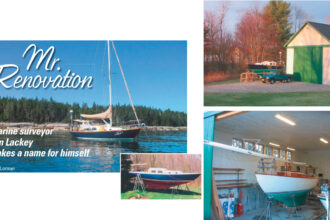 On facing page, Tim Lackey’s well-known project boat, Glissando, a Pearson Triton, shows off on the water after her refit. The inset shows a second Triton in its “before stage.” Tim later converted this boat into a daysailer. He continues to buy and renovate boats, but Glissando is part of the family. In the midst of his projects, Tim took the time to build the boat barn, at right, in which to work. Glissando waits outside while two others get needed attention inside: the daysailer conversion and a classic Lyman 23.