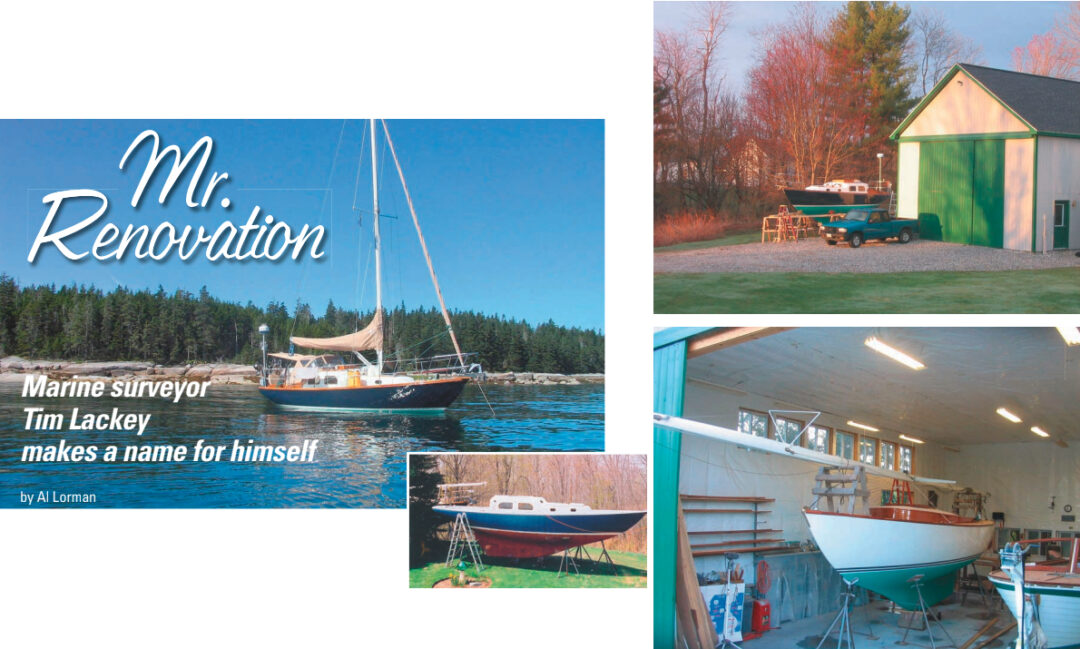 On facing page, Tim Lackey’s well-known project boat, Glissando, a Pearson Triton, shows off on the water after her refit. The inset shows a second Triton in its “before stage.” Tim later converted this boat into a daysailer. He continues to buy and renovate boats, but Glissando is part of the family. In the midst of his projects, Tim took the time to build the boat barn, at right, in which to work. Glissando waits outside while two others get needed attention inside: the daysailer conversion and a classic Lyman 23.