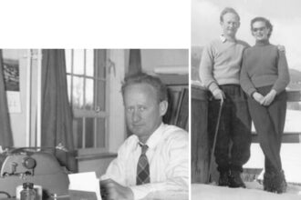 Murray Davis in 1957, facing page; Murray with soon-to-become Barbara Davis skiing that winter, at right.