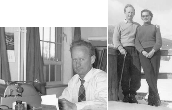 Murray Davis in 1957, facing page; Murray with soon-to-become Barbara Davis skiing that winter, at right.