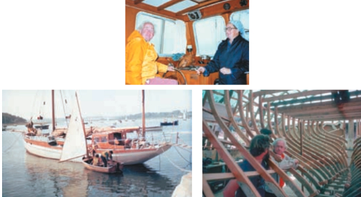 Murray and Barbara in the mid-1980s aboard Turtle II, above. Klang II, below left, when she was purchased by the Davis family in Essex, England. She had been a North Sea rescue boat. Murray interviews Larry Pardey, below right, while Lin and Larry are building Taleisin.