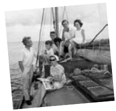 Murray, Barbara, Paul, Kate, Bosun (a Welsh sheep dog), and two young crew from Murray’s 1966 Atlantic crossing.