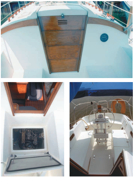 The companionway (which lacks a bridge deck), the cockpit sole engine access, and the steering station.