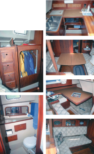 The starboard chest of drawers and hanging locker is opposite a roomy head to port, facing page. This page: the galley, the main saloon, the slide-away navigation station (pulled out and ready for use in this photo), and the port settee and serving island.