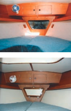 A final touch was the installation of a sealed door on the anchor chain locker to prevent muddy water from splashing on the bunk along with any smells of the seabed dragged aboard from the previous anchorage. The V-berth before (top) and after (below).