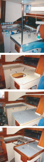 When the dust had settled (or maybe once the dust had been removed and forgotten), everyone agreed that the Corian countertops were a huge improvement over Formica and aluminum. The galley as it looked prior to its makeover, at top; two photos of the galley project in progress; and the finished galley, bottom.