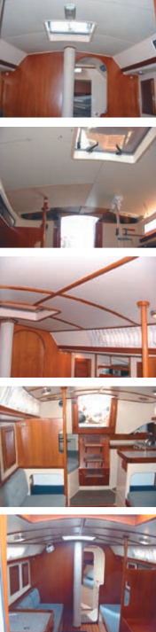 Top three photos: the previous headliner, the project in progress, and the finished headliner. Bottom two photos: the finished main cabin looking aft and forward.