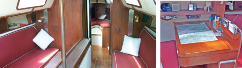 The saloon, at left, is fairly straightforward with opposing settees and a drop-leaf table on centerline. The centerboard pendant runs through the pipe, which also functions as a handhold. Note the massive chainplates through-bolted to the main bulkhead; check underneath for rot, a common problem on older boats. Chart work is done on a dedicated nav table, at right, at the head of the port quarter berth. This is a nice feature that keeps charts, pencils, and rules off the dining table.