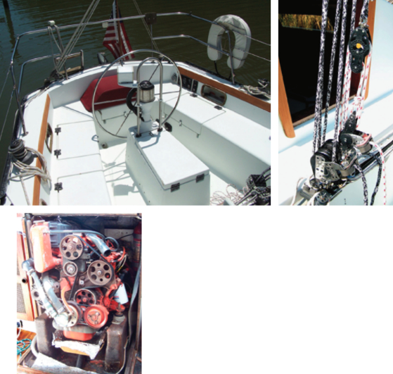 The cockpit, at left above, is spacious with the mainsheet traveler forward on the bridge deck. Note the ample number of seat lockers, and especially the unusual one on centerline, against which one can brace one's feet. The mainsheet is adjusted by a six-part tackle, at right, but Gator’s owner found this inadequate for going to weather in strong winds and added a four-part tackle between the becket of the six-part and bitter end of the mainsheet. About half the Northwinds were fitted with Volkswagen diesel engines, below; the other half with Yanmars.