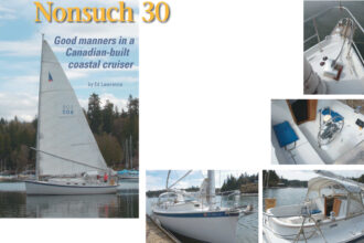 Father and son team, Jay and Tony Abbott, own and sail Angora, the Nonsuch 30 on facing page. The bow, top right, is uncluttered, and the sidedecks are surprisingly clear since the unstayed mast lacks shrouds. You soon grow used to the massive mast on the foredeck, below left, and the cockpit is spacious, at right and below right.