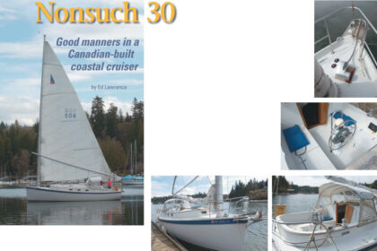 Father and son team, Jay and Tony Abbott, own and sail Angora, the Nonsuch 30 on facing page. The bow, top right, is uncluttered, and the sidedecks are surprisingly clear since the unstayed mast lacks shrouds. You soon grow used to the massive mast on the foredeck, below left, and the cockpit is spacious, at right and below right.