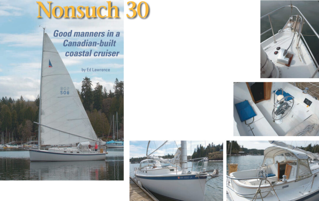 Father and son team, Jay and Tony Abbott, own and sail Angora, the Nonsuch 30 on facing page. The bow, top right, is uncluttered, and the sidedecks are surprisingly clear since the unstayed mast lacks shrouds. You soon grow used to the massive mast on the foredeck, below left, and the cockpit is spacious, at right and below right.