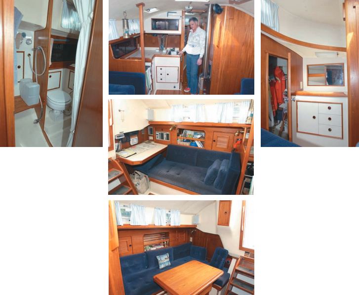 The Ultra layout in Angora is the more traditional of two accommodation plans. Jay shows off the C-shaped galley, center top. The navigation station is tucked in near the companionway ladder, center middle, and the dining table is to starboard, center bottom. The head, above at left, offers snug room for someone to brush teeth while another is in the shower. The hanging locker, above at right, provides a great deal of space for a 30-footer.