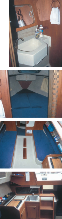 The head, top, spans the area just aft of the V-berth, with a molded sink and vanity to one side and either a portable or a fixed toilet on the other. The V-berth, second from top, is surprisingly long at 6 feet 10 inches. Nylon zippered pouches hang nearby for storage. In the main cabin, center, the starboard settee — shortened by the galley — measures just 5 feet 6 inches, compared to the port settee at 6 feet 8 inches. The compact galley, bottom, has the essentials for basic food preparation, including sink, icebox, and cooktop.