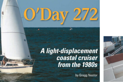Terry Hynds’ 1987 O’Day 272, Margarita Hunter, facing page. The 272 was in production from 1986 to 1989. Given its light displacement and the standard 130 percent genoa, this coastal cruiser is a spirited performer. The angled backrests, at right, make for comfortable cockpit seating. The base model is steered with a tiller, while the 272 LE is fitted with an Edson pedestal wheel.