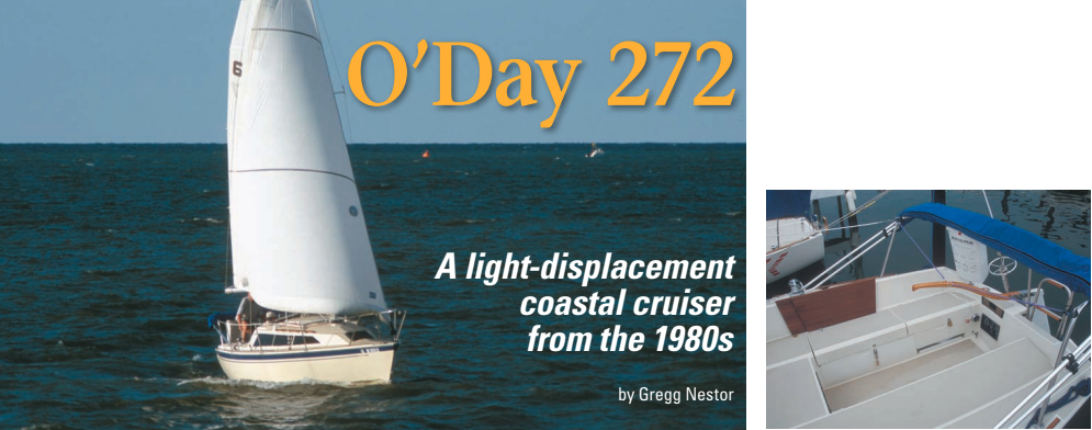 Terry Hynds’ 1987 O’Day 272, Margarita Hunter, facing page. The 272 was in production from 1986 to 1989. Given its light displacement and the standard 130 percent genoa, this coastal cruiser is a spirited performer. The angled backrests, at right, make for comfortable cockpit seating. The base model is steered with a tiller, while the 272 LE is fitted with an Edson pedestal wheel.