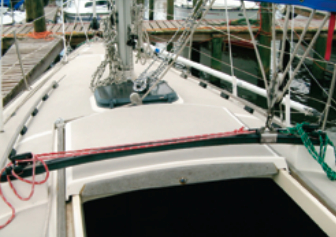 Sunshine’s traveler, with line control, makes for easy mainsail shaping when racing.