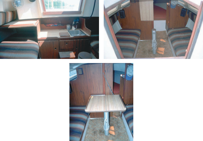 The galley is a step-through affair at the companionway, top left. Opposing settees in the saloon do double duty as berths, top right, and seats at the dropleaf table, above.
