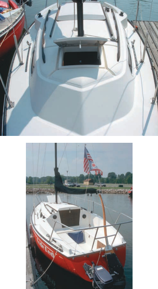 The cabin terminates in a wedge forward, which is distinctive, at right. The cockpit has room for six, below. The tall coamings make good backrests and are wide enough to sit on forward. The outboard is 5 horsepower.