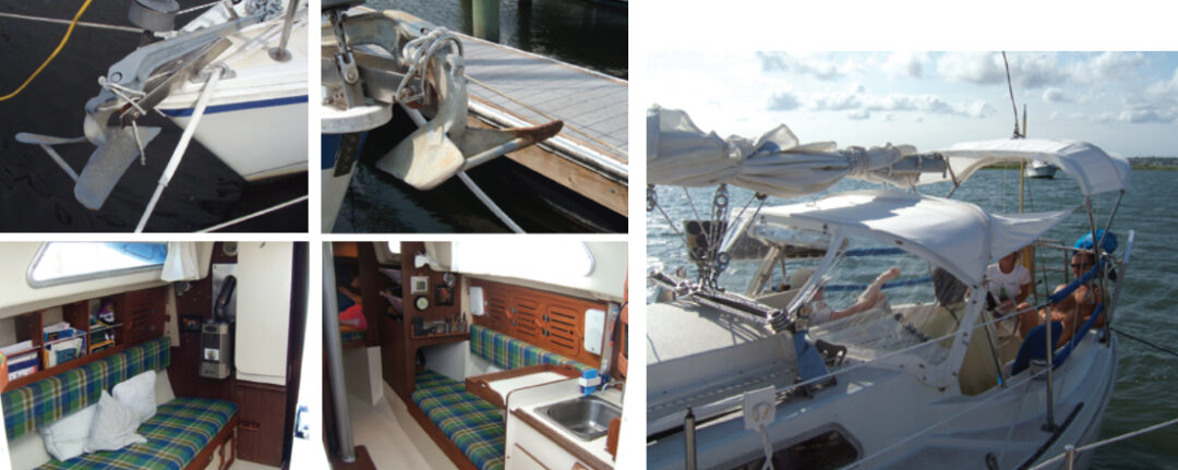 The new bow roller with a used CQR and a quick-remove roller bail, top photos on facing page, and the sparkling cabin after an interior refit, bottom on facing page. Exterior projects, at right, included cockpit canvas, portlights, navigation lights, and other projects too numerous to list. The result of all these projects was that the previous owner might not have recognized this brand-new Pearson 28-1 as the same one he’d sailed.