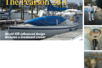 After a six-year refit, Miss Bohicket, waits patiently at a dock, facing page, during her first outing with Phillip and Andie Reid. Andie is captured in 2003, top photo, during the most glamorous and grueling portion of the refit: removing the bottom paint prior to raising the bootstripe. The bilge yielded a few bits of rusted metal, formerly known as hardware, and saturated foam mush that had been part of the original construction. As part of the 2003 haulout, Phillip prepared the floors for epoxy and glass, center, and for bilge paint, bottom.