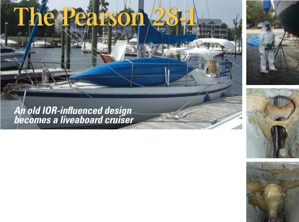 After a six-year refit, Miss Bohicket, waits patiently at a dock, facing page, during her first outing with Phillip and Andie Reid. Andie is captured in 2003, top photo, during the most glamorous and grueling portion of the refit: removing the bottom paint prior to raising the bootstripe. The bilge yielded a few bits of rusted metal, formerly known as hardware, and saturated foam mush that had been part of the original construction. As part of the 2003 haulout, Phillip prepared the floors for epoxy and glass, center, and for bilge paint, bottom.
