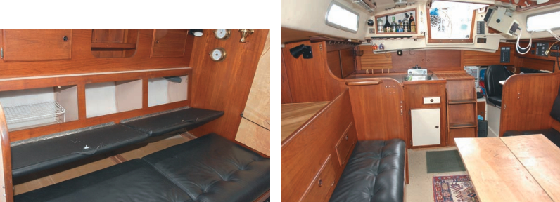 On our review boat, behind the port settee backrest, at left, are cubbies with valuable stowage space. The 11-foot beam makes for a spacious saloon, at right, with pull-out settee/berths, a large table, and pilot berth to starboard up and out of the way and centrally located for sleeping when the boat is under way. The settee berths are more than 6 feet long. The table folds up against the main bulkhead. The galley is aft in the starboard quarter. The top companionway step makes a good seat for keeping watch on a cold night.