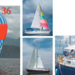 Weigh To Go, Bob McClinton’s 1975 Pearson 36, spreads her spinnaker during a race in Sequim Bay, Washington, far left on facing page. Not a racer, Fantasy is Pamela Heath’s 1973 model Pearson 36. She is used as a vessel for daysail charters in St. Thomas, U.S. Virgin Islands, top right on facing page. The Schoder family sails Secret, bottom right on facing page, on Lake Champlain. Another shot of Secret this page. Note the unusual location of the wheel forward in the cockpit.