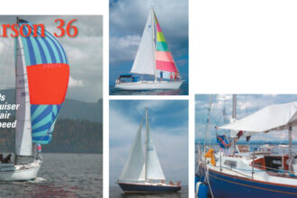 Weigh To Go, Bob McClinton’s 1975 Pearson 36, spreads her spinnaker during a race in Sequim Bay, Washington, far left on facing page. Not a racer, Fantasy is Pamela Heath’s 1973 model Pearson 36. She is used as a vessel for daysail charters in St. Thomas, U.S. Virgin Islands, top right on facing page. The Schoder family sails Secret, bottom right on facing page, on Lake Champlain. Another shot of Secret this page. Note the unusual location of the wheel forward in the cockpit.