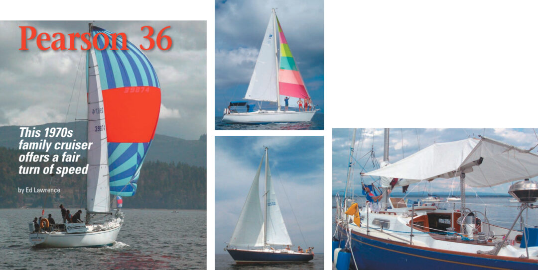 Weigh To Go, Bob McClinton’s 1975 Pearson 36, spreads her spinnaker during a race in Sequim Bay, Washington, far left on facing page. Not a racer, Fantasy is Pamela Heath’s 1973 model Pearson 36. She is used as a vessel for daysail charters in St. Thomas, U.S. Virgin Islands, top right on facing page. The Schoder family sails Secret, bottom right on facing page, on Lake Champlain. Another shot of Secret this page. Note the unusual location of the wheel forward in the cockpit.