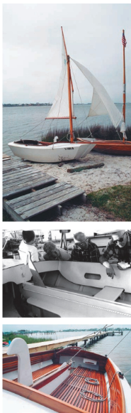 The basic design for the Pelican, at top, has remained unchanged since its introduction in 1959. Center, Captain Bill Short (wearing sunglasses), designer of the San Francisco Pelican in 1959, explains details of the boat to onlookers. Pat Pulaski’s Pelican, bottom, has been upgraded with wood gratings: seats, backrests, and floor.