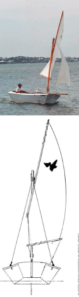 The pram bow may cause the Pelican to resemble a box on the water, but don’t underestimate this able craft. The bow-on sketch of the San Francisco Pelican, below, shows the widely flared topsides, which increase beam from 4 feet at the waterline to 6 feet at the gunwale. Plans for building the plywood Pelican are quite detailed, an aid to amateurs.