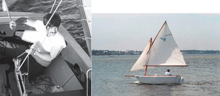 The author, in 1975, sails his beloved Pelican, without a tiller extension, on Florida’s west coast. On facing page, the Pelican’s standing rig handles much the way you would expect if you’re used to sailing a Marconi rig. There is no noticeable difference between port and starboard tacks.