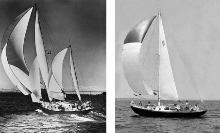 While most Bounty IIs were rigged as sloops, a few were yawls, such as hull #37, Tiara, above left, built in 1959, and long a familiar sight in Hawaiian waters. The 33-foot Rhodes-designed Swiftsure, above right, launched in 1958, was commissioned by Brian Acworth, who founded Seafarer Yachts in Huntington, Long Island; he had the boat built by G. DeVries Lentsch in Amsterdam, Holland.