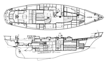 The 49-foot Thunderhead, designed in 1961, had an unusual interior. Her main cabin, with table and two berths, is aft. Amidships are the head, galley, chart table, and additional berths for the off-watch crew. A large cabin forward would be a particularly comfortable owner’s cabin in port. Access to the cabin is through a companionway from the cabintop.